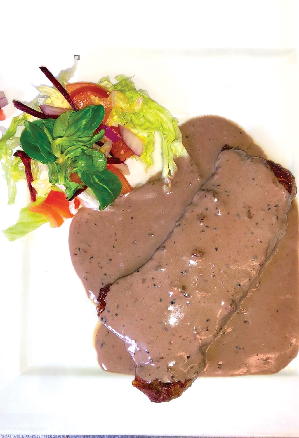 Esperantos Menu. Dinner. Carne. Sirloin Steak with peppercorn sauce
