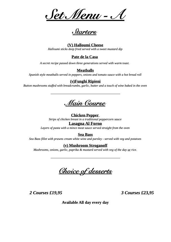 set menu A offer